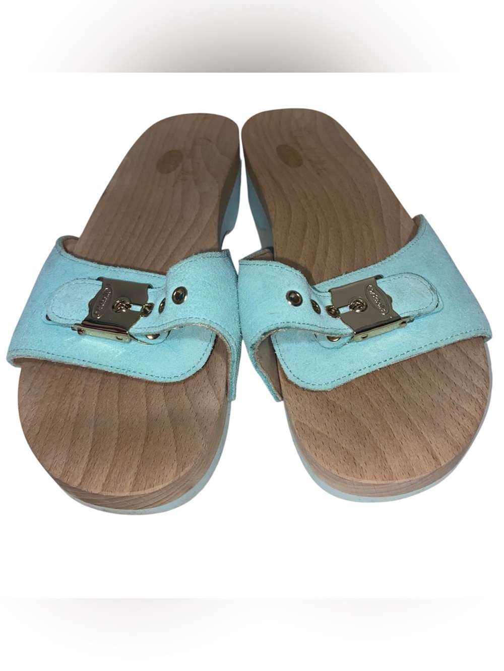 Dr Scholls Sandals Womens Sz 9 Original Collection Leather Wood Clog Slides Aqua